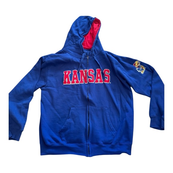 Vintage KU Jayhawks Men’s Embroidered Blue & Red Size XL Zip Up Cotton Hoodie - Picture 2 of 9